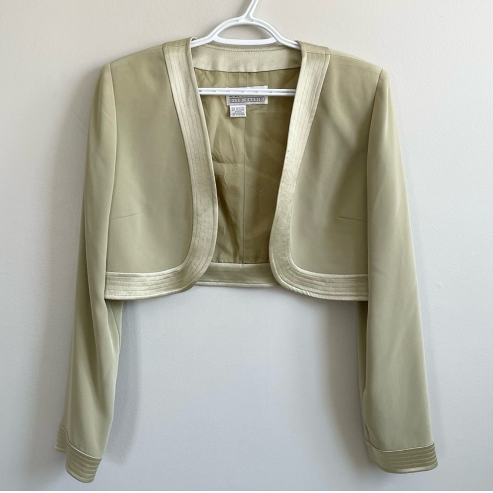 APPLE GREEN VINTAGE OLEG CASSINI BOLERO JACKET OPEN FRONT